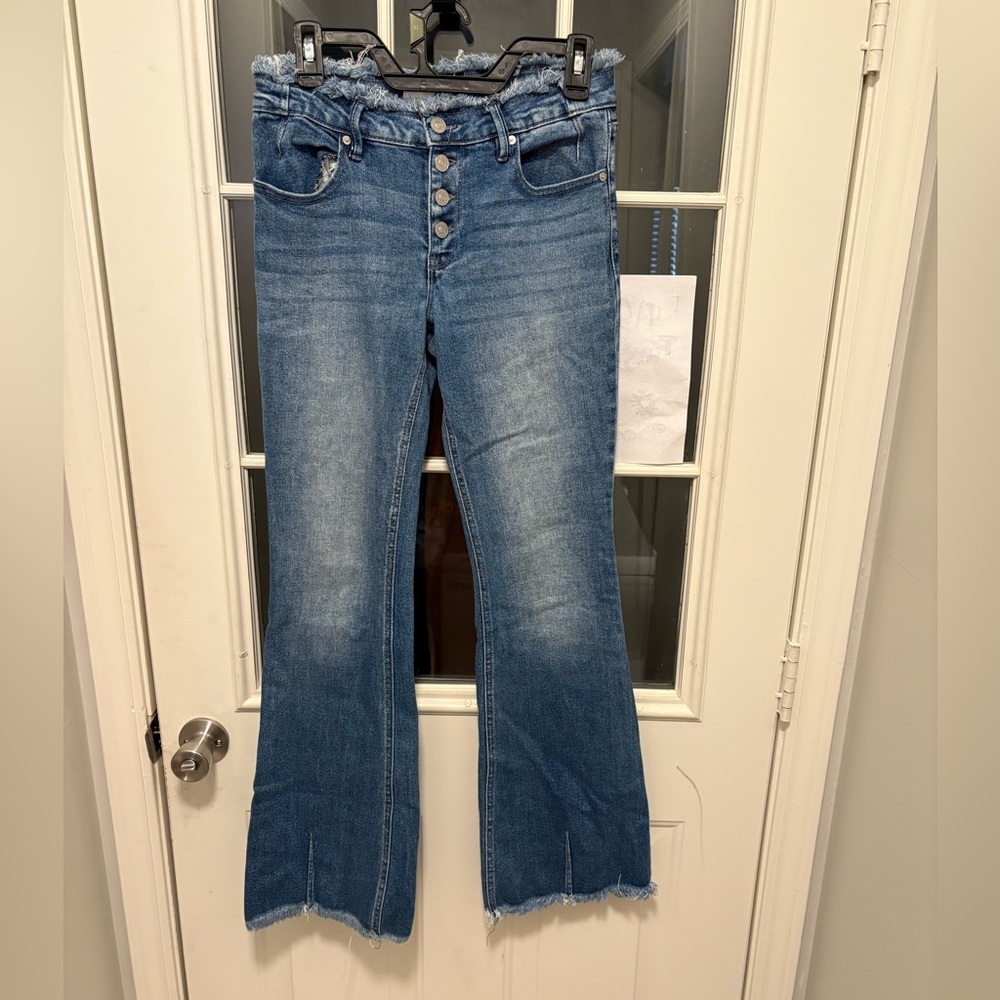 Judy Blue Flare Wide Leg Jeans in Blue with Vintage Distress